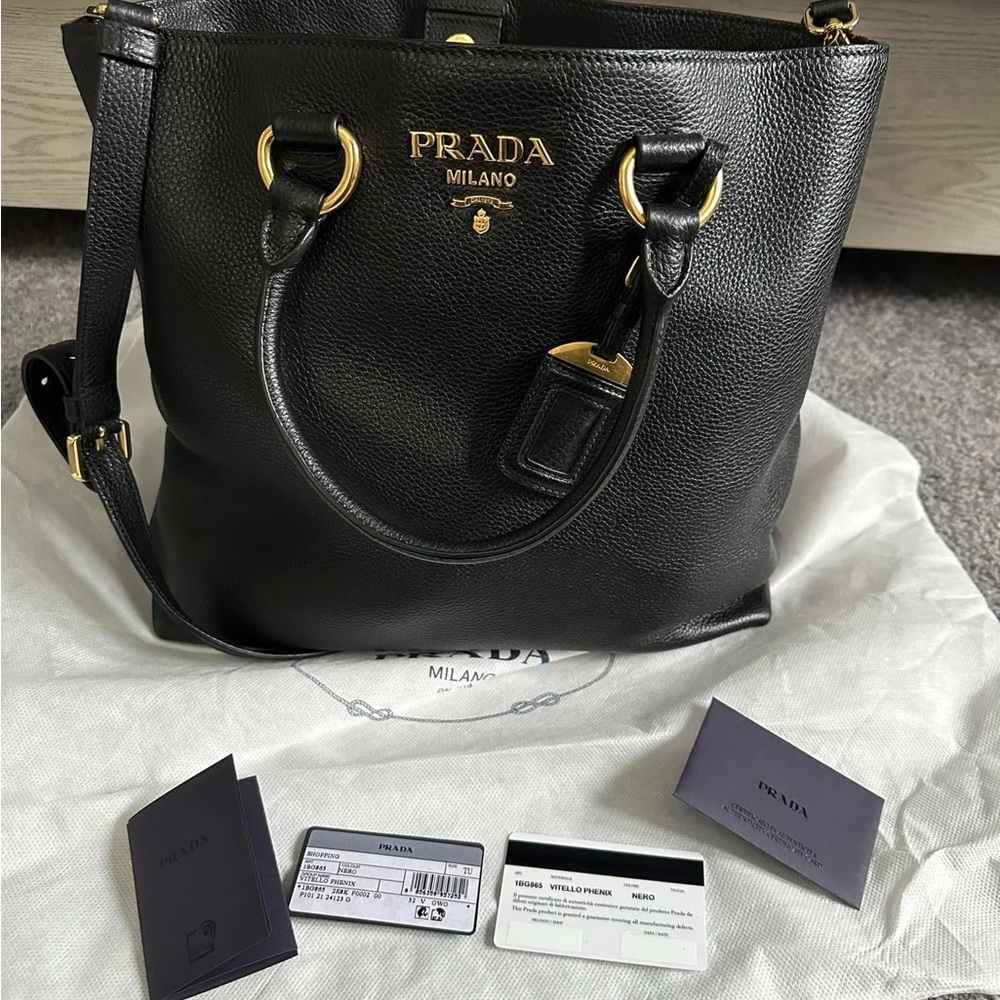 Prada Black Leather Shoulder Bag with Gold Accents